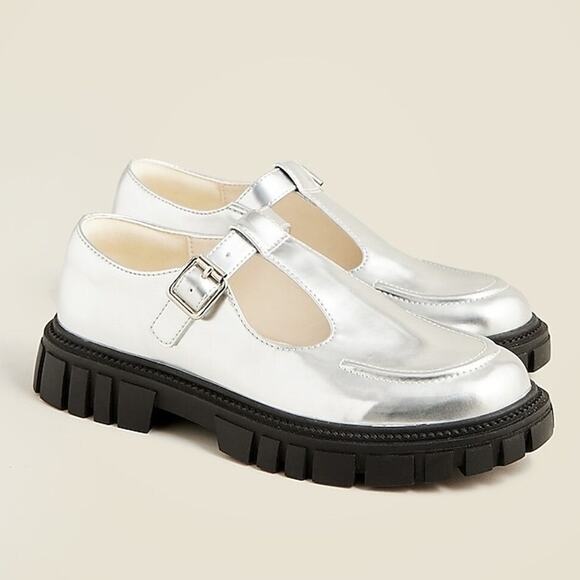J.Crew Crewcuts Girls Silver Lug Sole Mary Jane T-Strap Shoes Size 1 - Picture 1 of 6